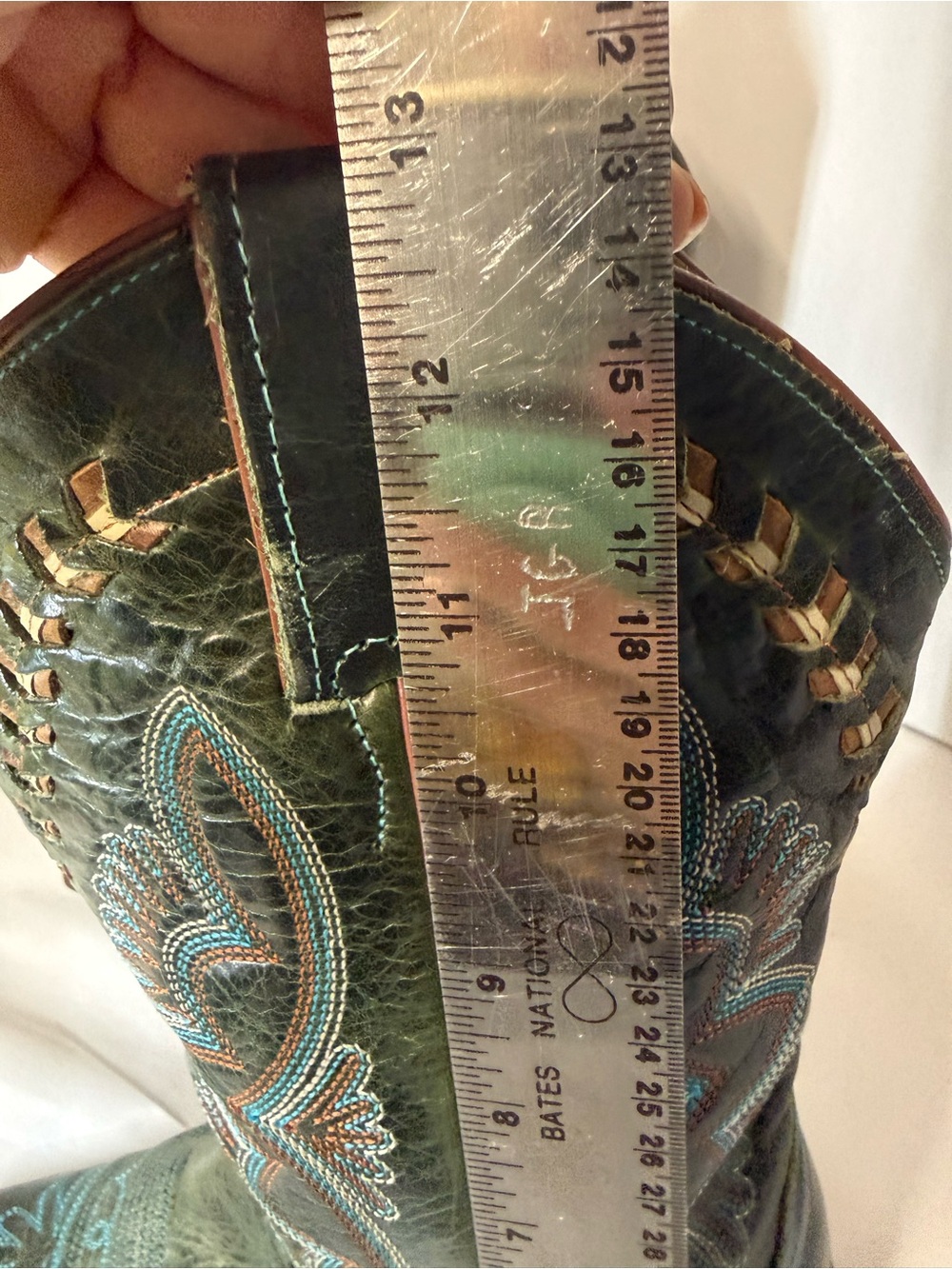Justin Boots Tan Leather Cowboy Boots with Teal Stitching - Picture 6 of 11